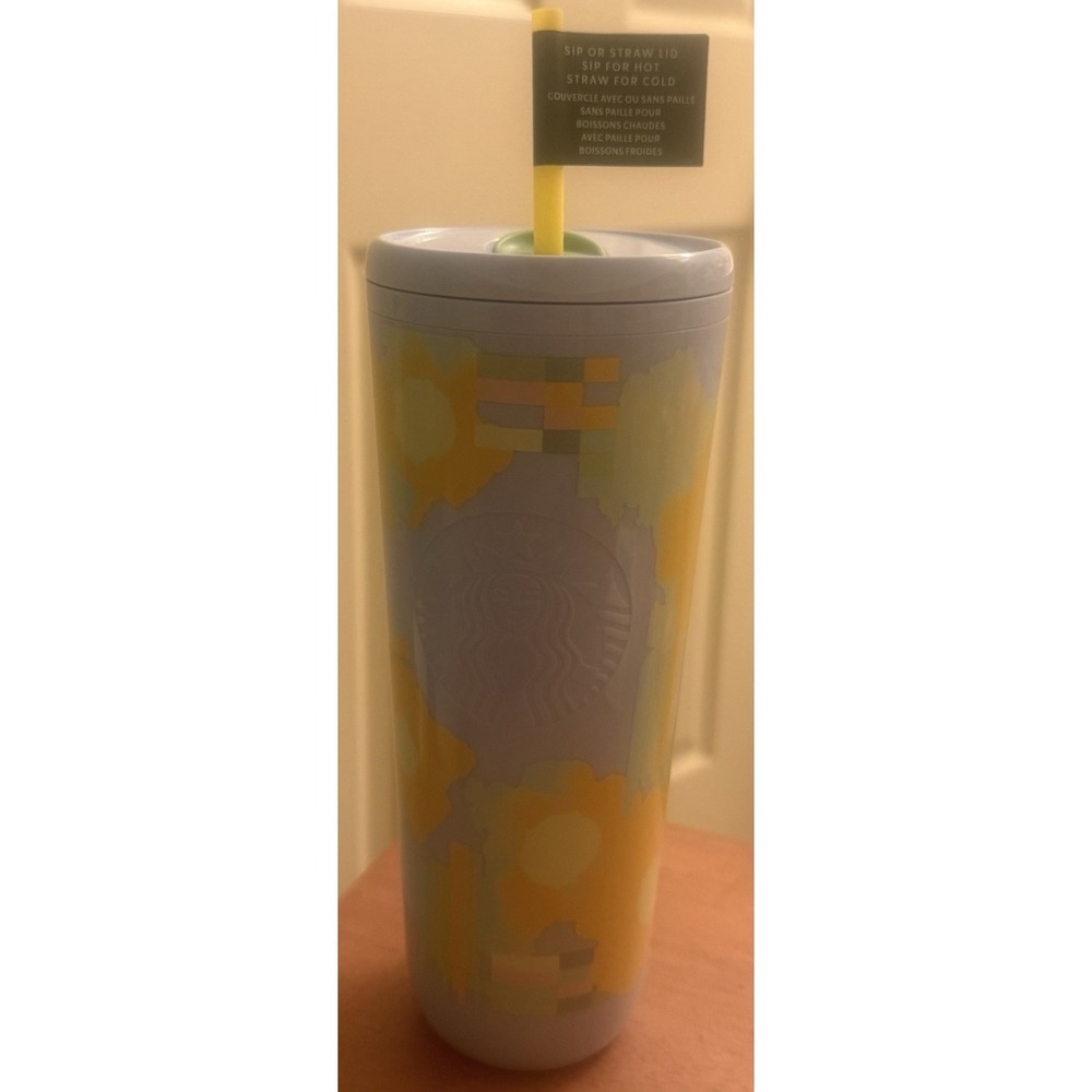 Starbucks Spring 2025 24 oz Cup Tumbler Pastel Blue Yellow Flower Floral New